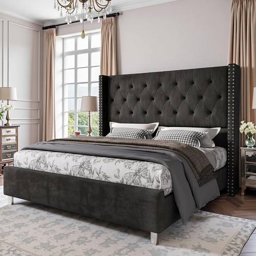 Queen velvet bed frame with - bed,